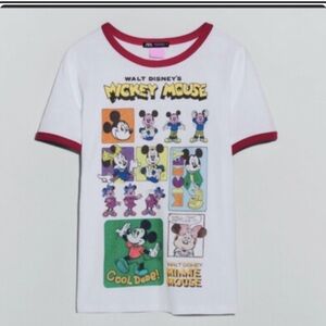 Zara White Tee with Red Trim and Disney Mickey Graphic